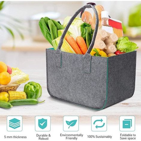 Bolsa de fieltro，30 litros，bolsa de fieltro grande，bolsa de compras con compartimento con cremallera，fieltro plegable con asa，gris + verde (1/5)