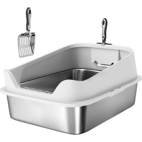 Toilette per gatti in acciaio inox, toilette aperta con paletta e bordo alto per gatti grandi fino a 7 kg, 60,2 x 40,2 x 29,7 cm, grigio (1/5)