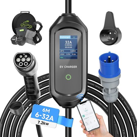 Chargeur Voiture Electrique 7.2kW APP, 6M Cable EV Chargeur Type 2 6/8/10/13/16/20/24/32A Courant Réglable, Fonction de Délai 1-15H, Cable Recharge Voiture Electrique avec Sac, IEC 62196-2 (1/5)