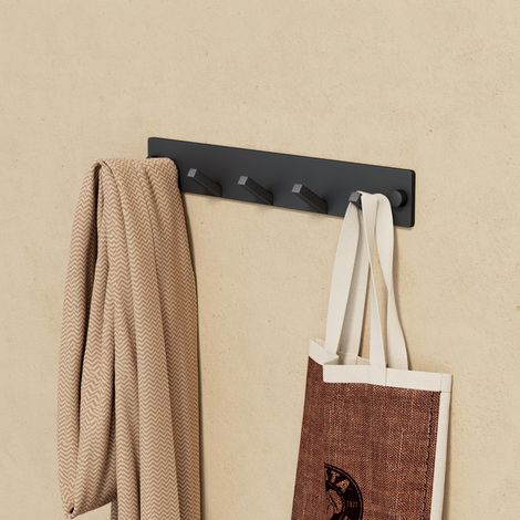 doporro Appendiabiti da Parete in Acciaio Inox con 5 Ganci, Autoadesivo e Senza Forare, Barra Robusta per Giacche, Asciugamani, Bagno e Corridoio, Design Moderno Nero Opaco (1/5)