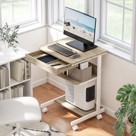 Bureau compact avec tiroir, étagères et roulettes, panneau de particules et métal (1/5)
