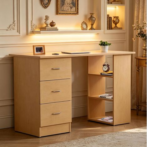 Scrivania per computer in MDF effetto legno chiaro 120x49x72 cm con 3 cassetti e 3 ripiani OKWISH (1/5)