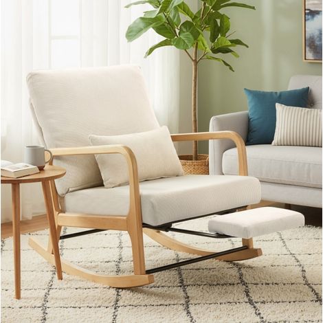 Sillón mecedora con reposapiés, respaldo reclinable y cojín lumbar, crema OKMYHOME (1/5)