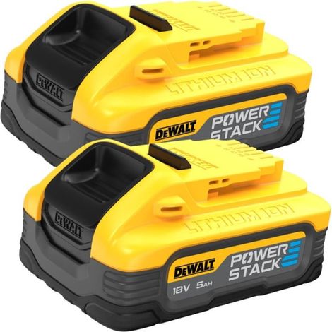 Pack de 2 batteries 18V 5Ah – Technologie POWERSTACK pour performances optimales – Durée de fonctionnement prolongée – Compatible avec outils DEWALT