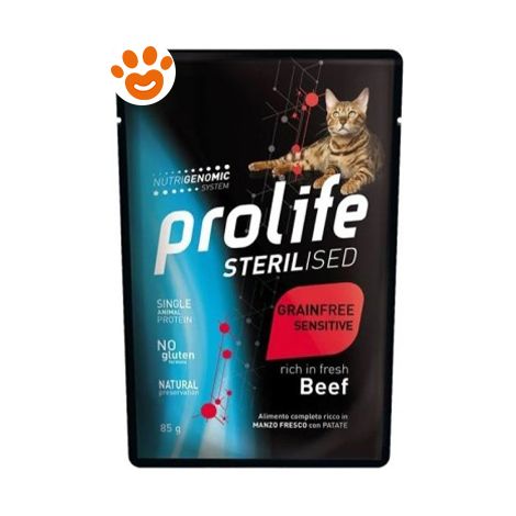 Prolife Cat Sterilised Grainfree Sensitive Adult Manzo - Bustina 85 Gr -