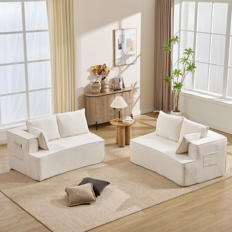 Canapé modulable sans ossature apparente, canapé de salon moderne avec assise profonde, canapé nuage confortable en velours côtelé, canapé deux places en daim, blanc (1/5)
