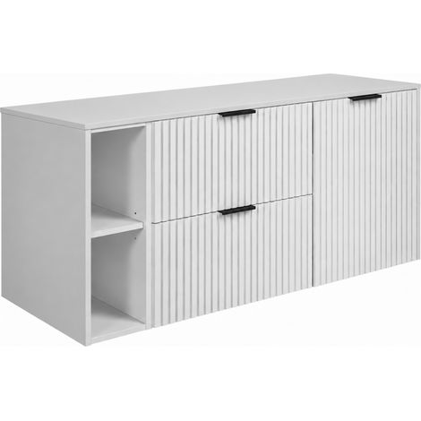 Ensemble de meubles de salle de bain, 2 tiroirs, 1 porte, fermeture douce, panier à linge, Blanc, poignées noires, 120 x 46 x 57 cm (1/5)