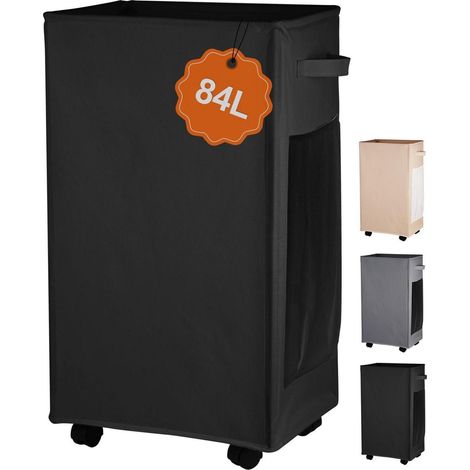 84L Faltbarer Wäschekorb mit Rollen, Schwarz, Schmal, 600D Oxford-Stoff (1/5)