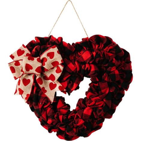 Couronne Décorative de Cœur Rouge et Noir à Carreaux Guirlande Suspendue pour Porte d'Entrée Décoration Murale Romantique pour Saint-Valentin Mariage et Fête Ornement Textile (1/5)