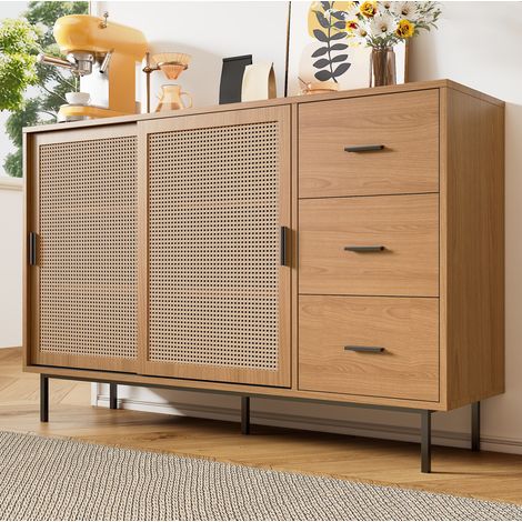 Buffet en panneaux de particules naturel avec 2 portes coulissantes effet rotin et 3 tiroirs, 140 x 37 x 91 cm (1/5)