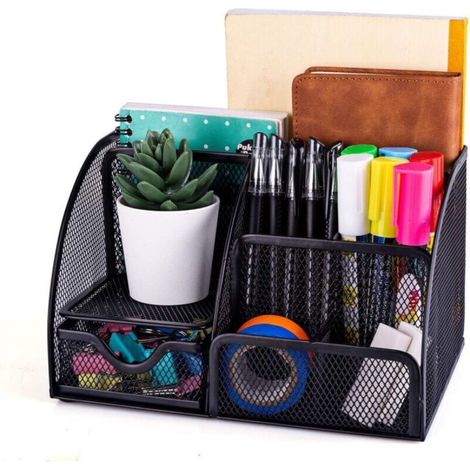 Multifunctional Desk Organizer, Simple Mesh Desk Organizer with Sliding Drawer, Space-Saving Pen Holder (Black) (1/5)