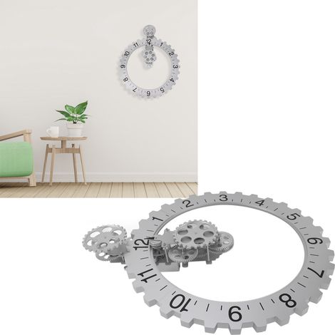 Orologio da parete meccanico 3D - Quadrante girevole in acciaio inox 304 - Grande orologio Art Déco con ingranaggi mobili, argento (1/4)