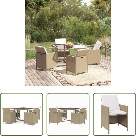 vidaXL Chaises de jardin - Ensemble à manger de jardin et coussins 5 pcs Poly rotin Beige (1/5)