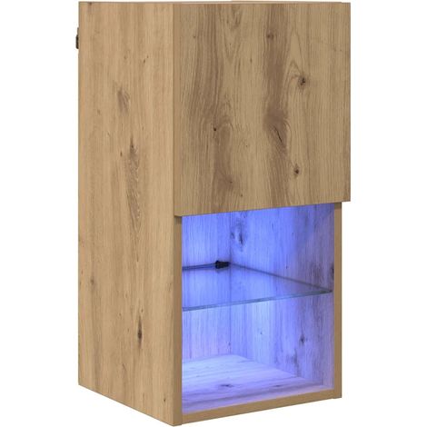 Mueble TV de pared moderno 30,5 x 30 x 60 cm con iluminación LED ambiente acogedor de madera contrachapada roble artesanal 020052806 (1/5)