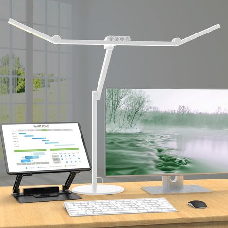 1500LM Lampe de Bureau LED avec Base, 24W Dimmable Puissante 3-têtes de lampe pour Ecran pc, 5 Températures de Couleur et Luminosité Réglables, Commande Tactile, Protection des yeux (1/5)
