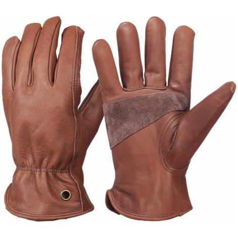 Gants de travail rétro en cuir pour la construction, la cour, le jardinage, avec paume renforcée pour homme et femme (Marron, S) (1/5)