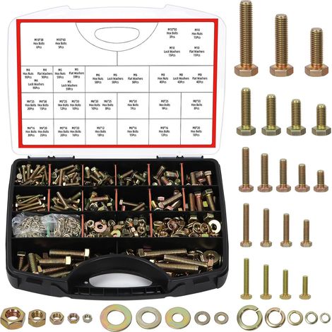1045pcs M4/M5/M6/M8/M10 zinqué grade 8.8 vis à boulon hexagonal avec écrous et rondelles Set, comprend 259pcs boulons hexagonaux, 262pcs écrou hexagonal, 524pcs rondelles (1/5)