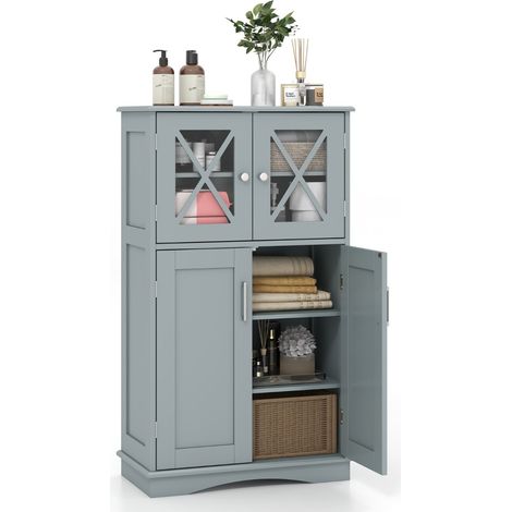 Mobiletto portaoggetti da bagno con ante e ripiani regolabili, Mobiletto da pavimento per bagno 60x30x108cm Grigio (1/4)