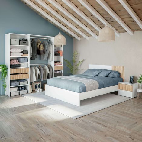 Pack Dormitorio Ethna Cama, Cabecero, Mesitas y Vestidor color Blanco Y Natur