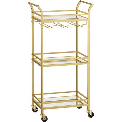 Chariot à 3 Niveaux, Étagère de Cuisine, avec roulettes, Poignée, Verre Réfléchissant, Desserte pour Petit Espace, Cuisine, Salle à Manger, Salle de Bain, Salon, Bar, Doré (1/5)