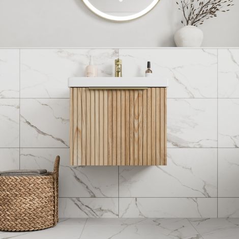 Fluted 500mm Bathroom Vanity Unit White Basin Wall Hung Cupboard Soft Close Oak (1/5)