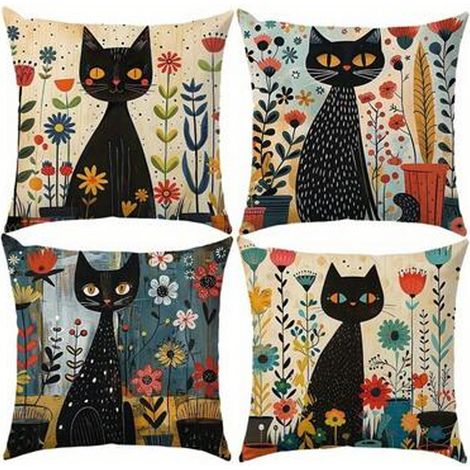 4, taies d'oreiller 45,72 X 45,72 cm – motif chat noir et fleurs, canapé, Salon – avec fermeture à glissière, lave - linge (sans oreiller) (1/4)