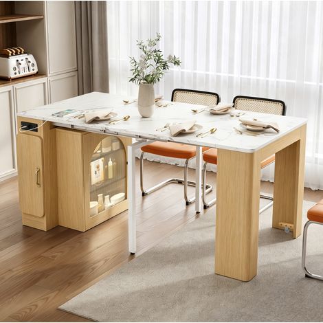 Mesa de cocina extensible, 83x39.6x77 cm, con ruedas ocultas, almacenamiento integrado, MDF y vidrio, natural (1/5)