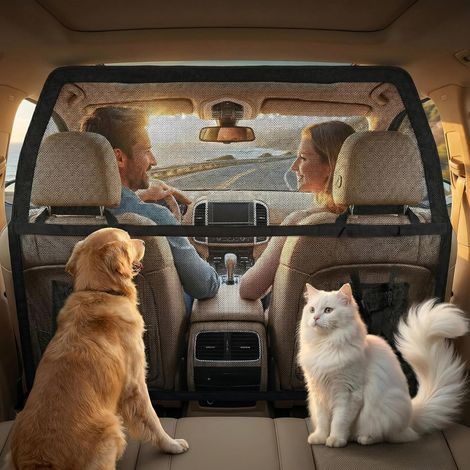 Grille de séparation pour chien - Pour siège arrière et coffre de voiture - 107 x 127 cm - Avec filet transparent renforcé et cadre en métal solide - Barrière de séparation pour chiens - Ajustement (1/5)