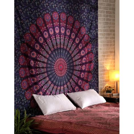 Tapisserie murale bohème mandala motif paon ombré, couvre-lit et décoration intérieure pour salon, disponible en plusieurs tailles et couleurs (1/5)
