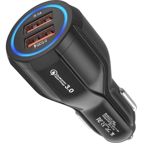 2-Port USB Car Charger – Quick Charge 3.0 for iPhone, iPad, Samsung Galaxy, Huawei, Xiaomi – Built-in LED Light (1/5)