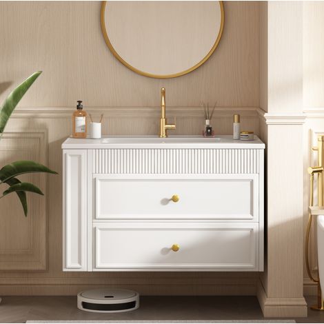 MODFU – Meuble sous vasque suspendu 81x47x52 cm MDF/céramique – Vasque intégrée et 2 tiroirs – Finition brillante et 70 kg – Salle de bains – Blanc (1/5)