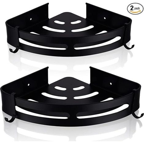 Set of 2 wall-mounted corner shower shelves, bathroom storage basket, triangular shampoo holder with 4 hooks, matte black