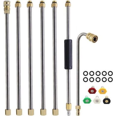 Lot de 7 Ensemble de baguette d'extension pour nettoyeur haute pression, lance pour nettoyeur haute pression, outil de nettoyage de gouttière, avec 5 embouts de buse,10 anneaux anti-fuite (Argent) (1/5)