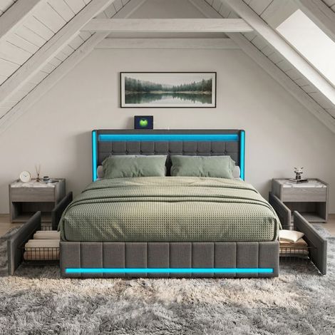 Letto matrimoniale - Letto 180x200 con rete - Lino grigio scuro - LED integrata - 4 cassetti + porte USB (1/5)