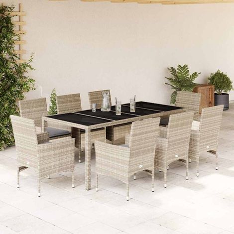 Set de comedor jardín 9 piezas y cojines ratán PE y vidrio gris vidaXL (1/5)