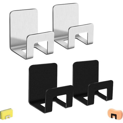 4 Pièces Porte-Éponge Autocollant, Support De Rangement Pour Évier, Porte Éponge Mural Sans Perçage, Multifonction Crochets Étanches En Acier Inoxydable, pour Salle De Bain, Cuisine (Noir,Argent)