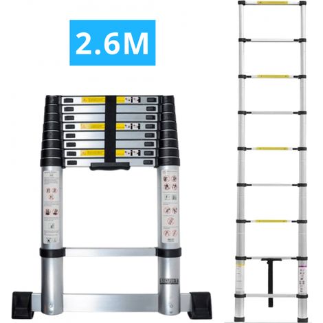 Echelle télescopique aluminium 9 marches H 2,6M avec barre stabilisatrice - SECURY-T