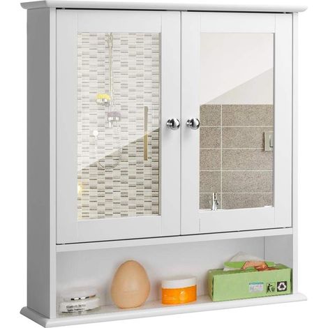 Meuble Miroir Salle de Bain Meuble Mural 3 Etagères Bois MDF Double Porte Miroir avec Ouverture Centrale Dimension 56 x 13 x 58 cm (Miroir Blanc) (1/5)