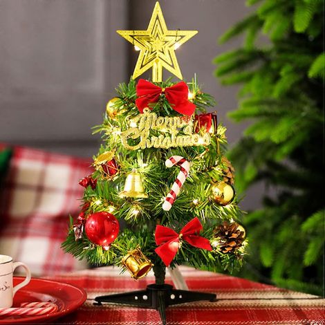 Tisch-Weihnachtsbaum, 30 cm, künstliche Mini-Weihnachtsbäume mit LED-Lichterketten, Ornamente, Miniatur-Desktop-Bäume, Mini-Tannenbaum für Weihnachtsdekorationen (1/5)