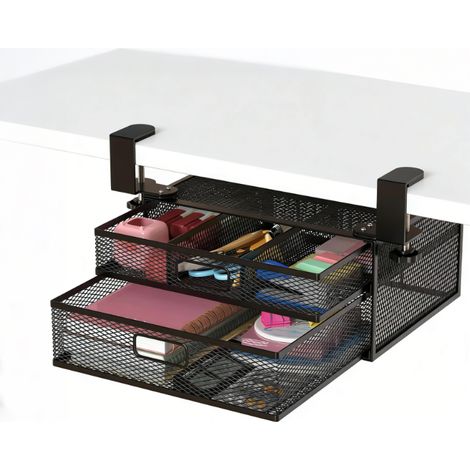 Tiroir Sous Bureau - Fixation Par Pince Sans Perçage - 2 Tiroirs Coulissants En Métal Noir - Pour Bureau Maison Bureau De Travail Cuisine - 1 Pièce (1/5)