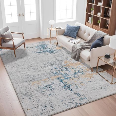 Tapis Moderne Abstrait pour Salon Chambre à Coucher Salle à Manger Tapis de Sol Doux antidérapant (Abstrait Gris/Bleu/Or/Multi, 120 x 160 cm) (1/5)