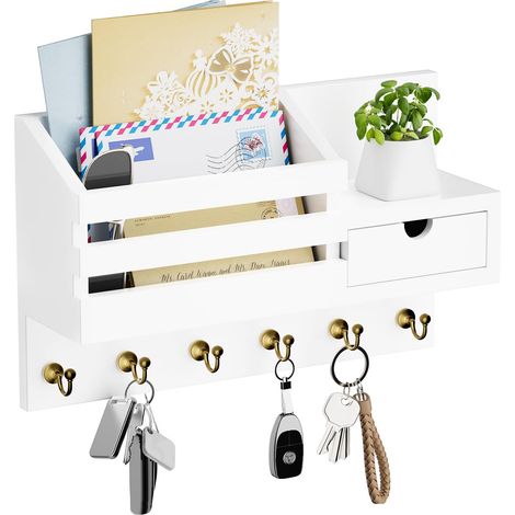 Étagère à clés Murale avec 6 Crochets et tiroir de Rangement, étagère Murale pour Porte-clés, pour entrée, Salon, Couloir, Bureau (Blanc)