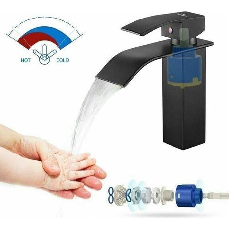 Auralum Mitigeur Robinet de Lavabo Cascade Noir Moderne Mitigeur Robinet Salle Bain pour Vasque à Poser Robinetterie Convient pour un Lavabo Encastré (1/4)
