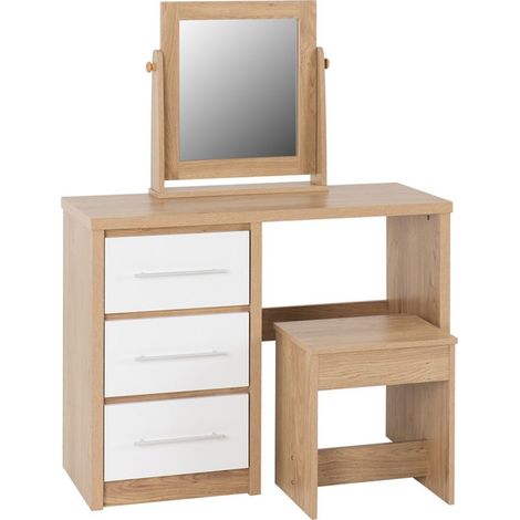 Seville 3 Drawer Dressing Table Set - White High Gloss/Light Oak Effect Veneer (1/6)