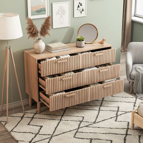 Commode, 6 tiroirs, pieds antidérapants et grand espace de rangement, 100x73x34 cm, convient aux salons et aux chambres, couleur bois naturel (1/5)