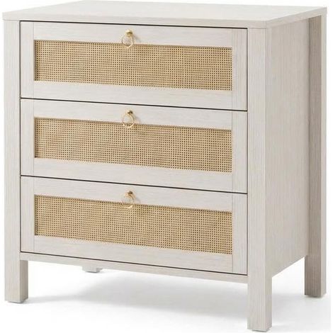 Grande Table De Chevet En Rotin Blanc, Table De Nuit BohèMe à 3 Tiroirs, Commode En Bois Pour Chambre à Coucher (1/5)