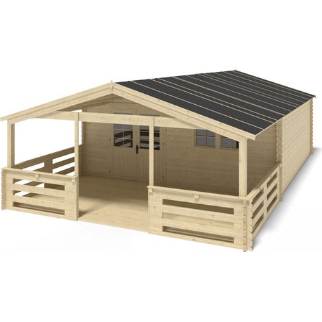 Abri de jardin en bois - 6x6 m + terrasse avec balustrade et avant-toit en bois - 54 m2