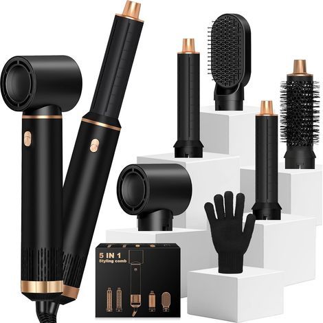 Brosse Soufflante 5 en 1, Seche Cheveux 1000W, Air Styler avec 5 Accessoires, Brosse Soufflante, Fer a Boucler, Thermal Brush, Brosse Lissante Seche Cheveux pour Sécher, Boucler, Lisser (1/5)