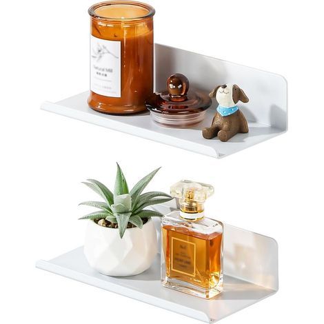 Lot de 2 Etagere Murale sans Percage Salle de Bain, Etagere Murale sans Vis Tablettes Flottantes Adhésif de Décoration, Tablette Rangement pour Cuisine, Salon, Chambre, 20CM Blanc (1/5)