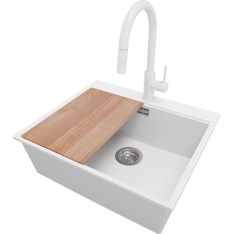 PRIMAGRAN Evier Cuisine en Granit 58x50cm,Lavabo 1 bac + Robinet 40x20cm + Kit de Vidage + Planche à Découper, Évier à Encastrer au meuble 60cm - Oslo, Blanc (1/5)